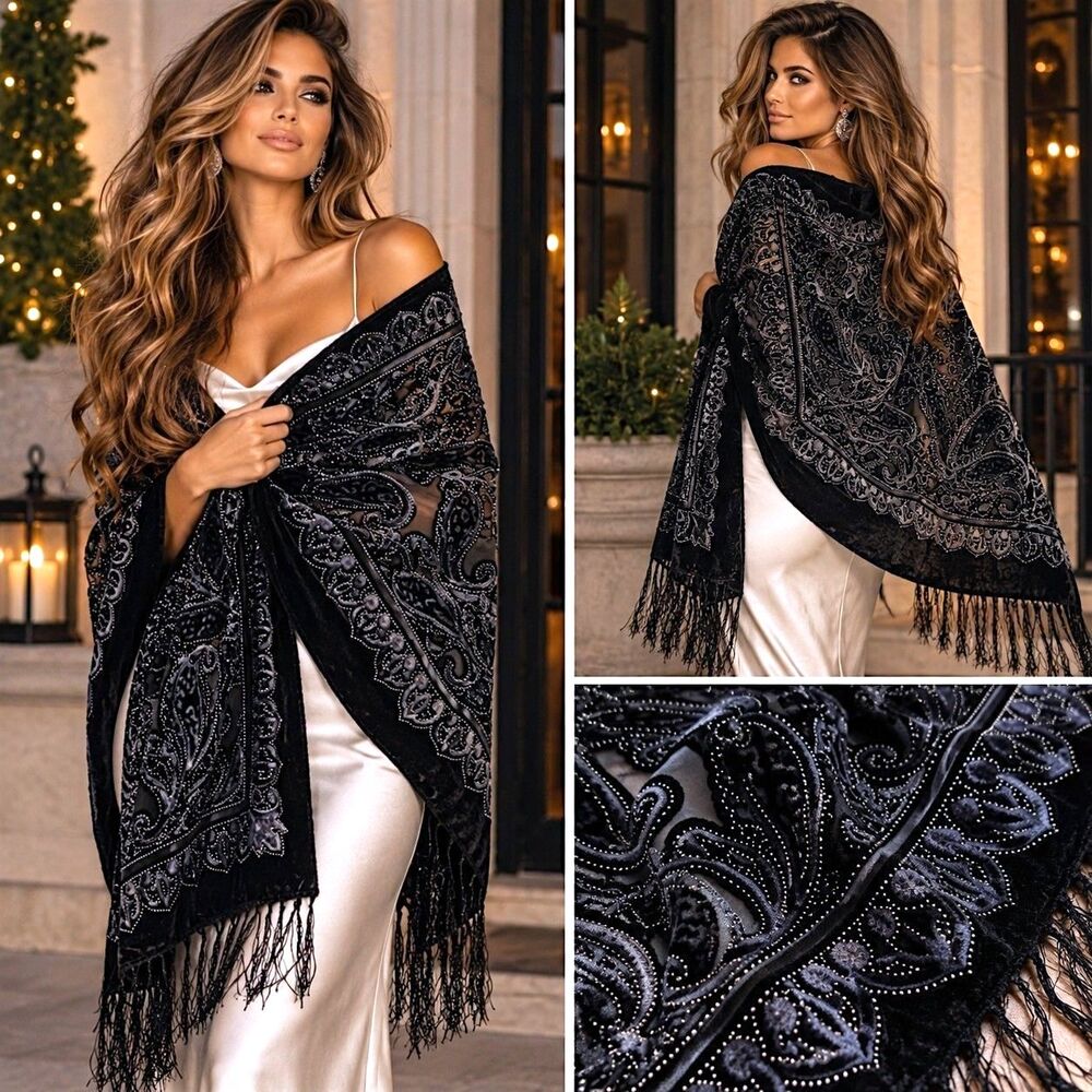 Whimsigoth Black Velvet Burnout Paisley Beaded Fringe Shawl Wrap Scarf Gothic